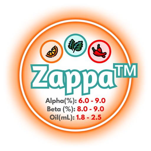 A graphic showing the brewing values of US Zappa™ Hops, ringed in orange on a white background.