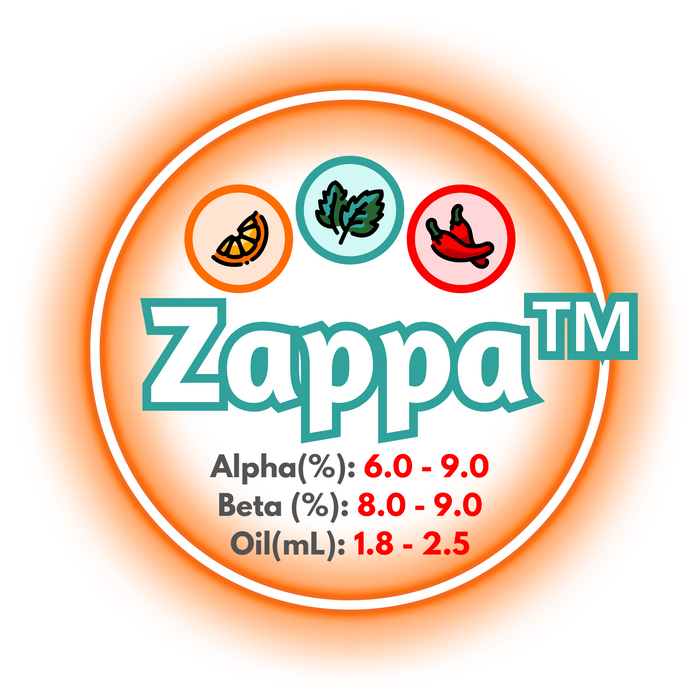 A graphic showing the brewing values of US Zappa™ Hops, ringed in orange on a white background.