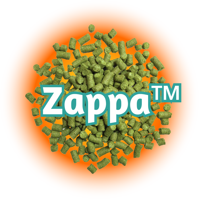 A close-up image of US Zappa™ Hops Pellets, which are greenish in colour, with the Zappa brand logo visible in the background.