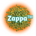 A close-up image of US Zappa™ Hops Pellets, which are greenish in colour, with the Zappa brand logo visible in the background.