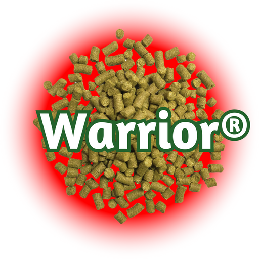 A close-up of US Warrior® Hops pellets with the Warrior logo in the background.