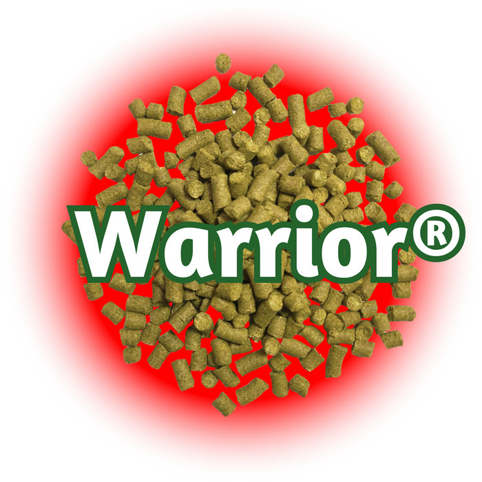 A close-up of US Warrior® Hops pellets with the Warrior logo in the background.
