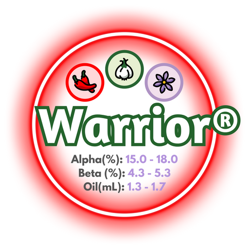 A graphic showing the brewing values of US Warrior® Hops, circled in red on a white background.