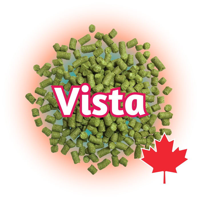 Green Canadian Grown Vista Hops pellets with 'Vista' branding and a red maple leaf on a white background