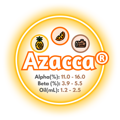 A graphic showing the brewing values of Azacca® Hops , surrounded by a yellow ring, on a white background.