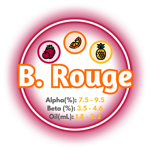 A graphic showing the brewing values of EU Barbe Rouge hops, circled in deep pink on a white background.