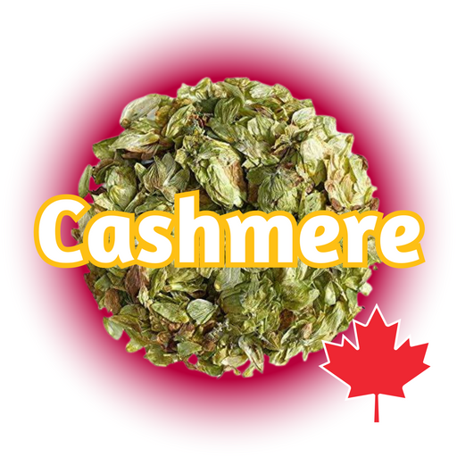 A cluster of green Canadian Grown Cashmere hops in Whole Cone form, with a red maple leaf, depicting country of origin.