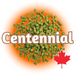 A graphic representation of Canadian Grown Centennial Hops T90 pellets with the name 'Centennial' written across and a Canadian maple leaf logo at the bottom right.