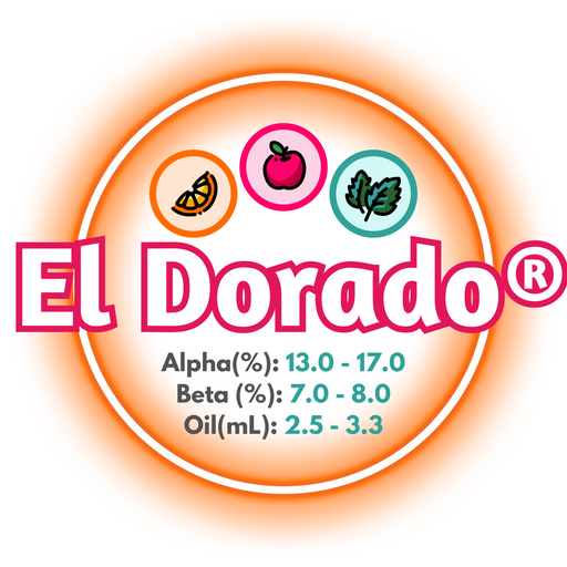 A graphic showing the brewing values of El Dorado® Hops, circled in orange on a white background.