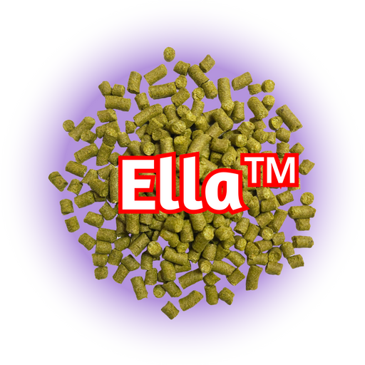A pile of green Ella™ Hops T90 pellets on purple, with a background of white.