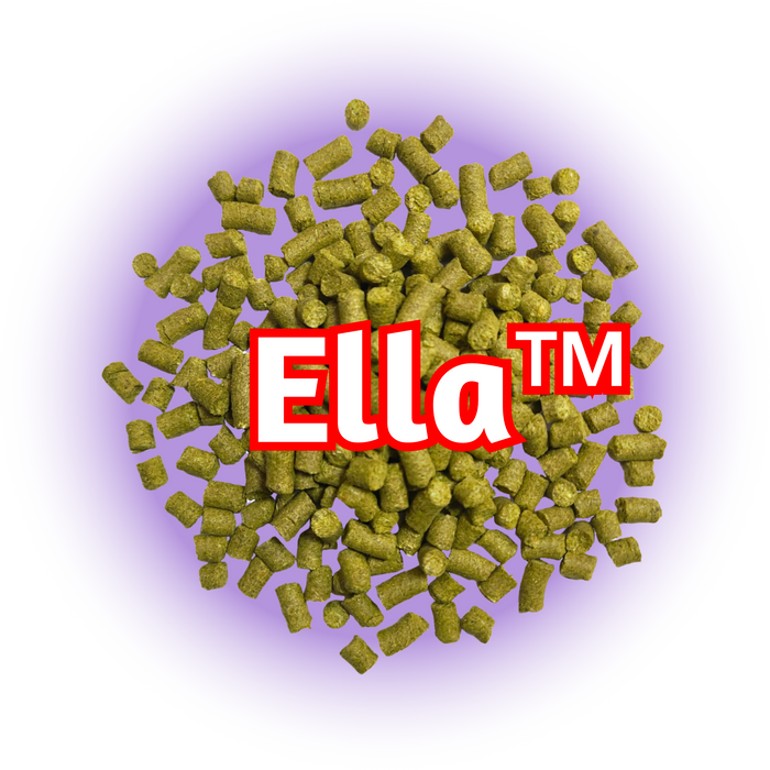 A pile of green Ella™ Hops T90 pellets on purple, with a background of white.