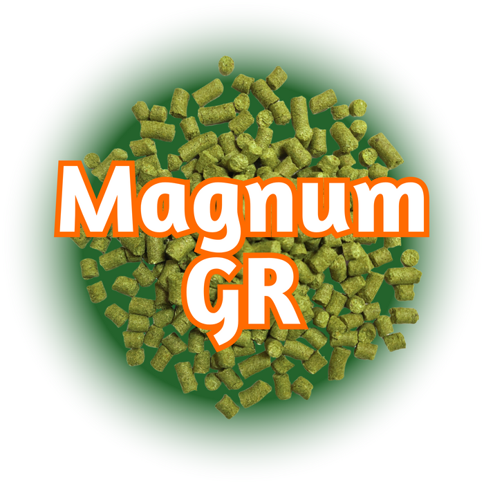 A pile of GR Magnum Hops pellets on a bed of green, with the name outlined in orange on a white background.