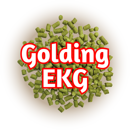 A close-up of EU Golding EKG hops, with the text 'GOLDING EKG' overlaid on top.