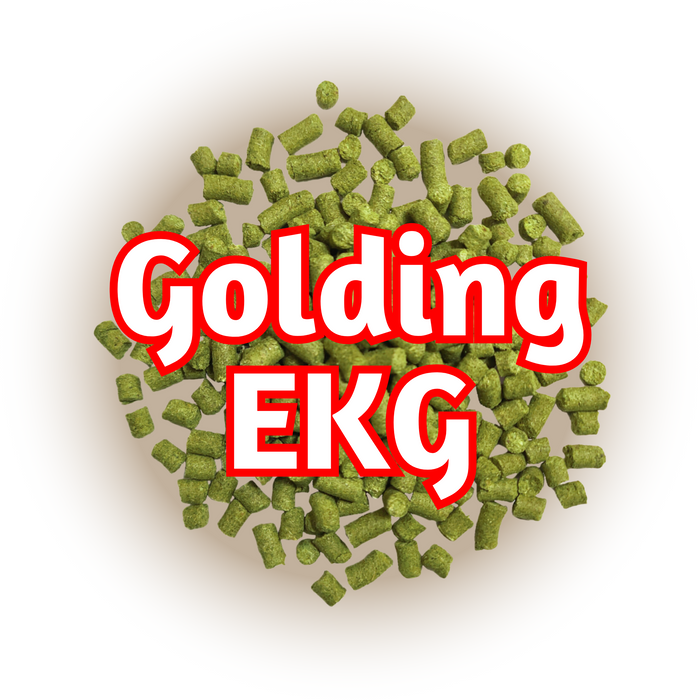 A close-up of EU Golding EKG hops, with the text 'GOLDING EKG' overlaid on top.