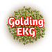 A close-up of EU Golding EKG hops, with the text 'GOLDING EKG' overlaid on top.