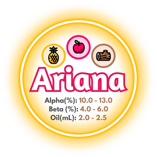 A graphic showing the brewing values of GR Ariana hops, circled in yellow on a white background.