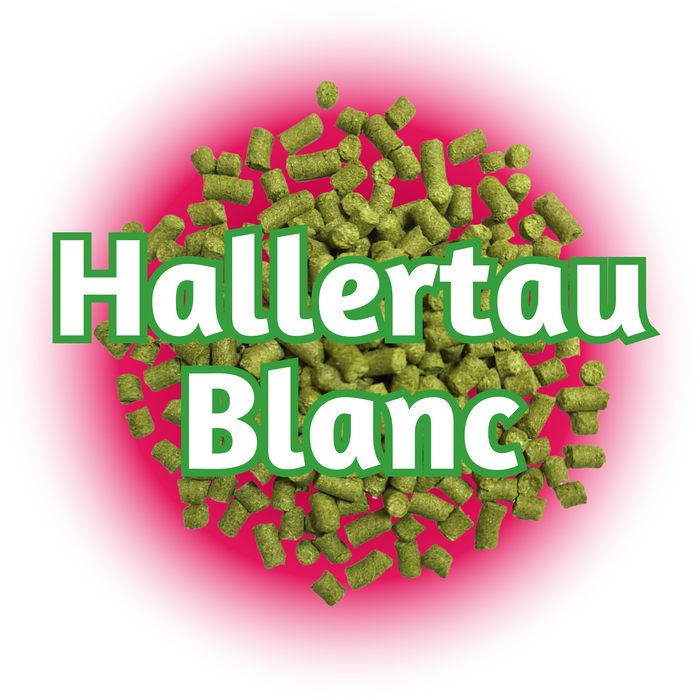 A close-up of EU Hallertau Blanc Hops, with pellets displaying a mix of green and red colors, and the text 'HALLETTAU BLANC' in the background.