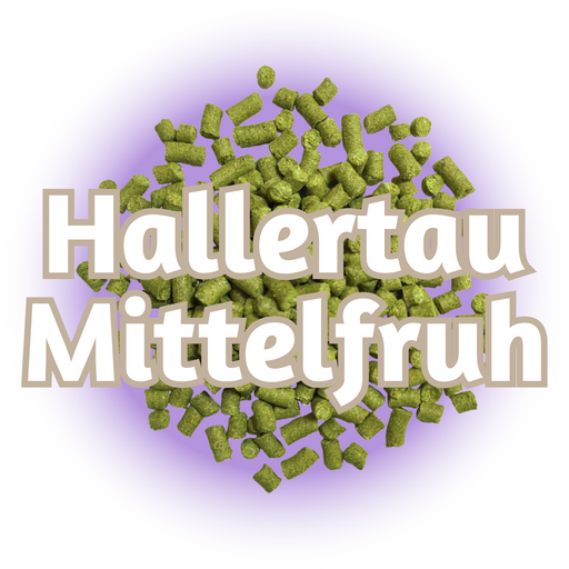 Green EU Hallertau Mittelfruh Hops T90 pellets on a base of purple, with a white background.