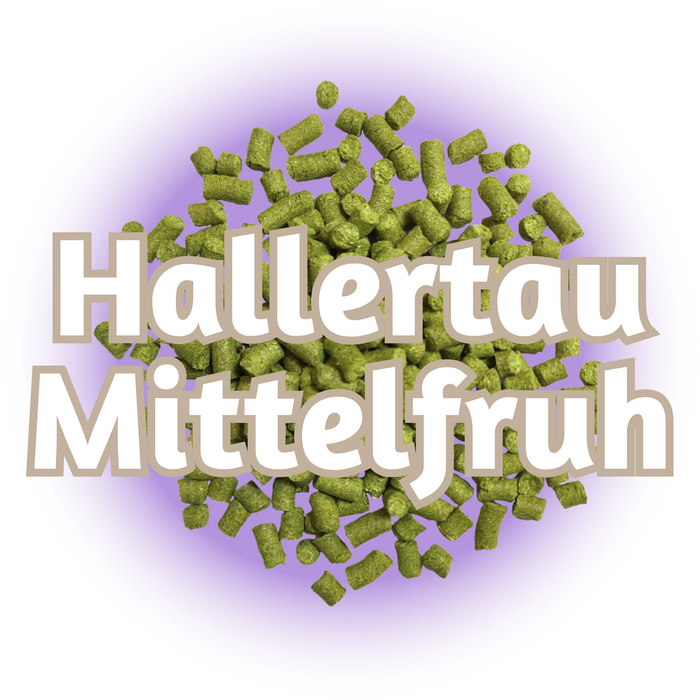 Green EU Hallertau Mittelfruh Hops T90 pellets on a base of purple, with a white background.