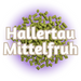 Green EU Hallertau Mittelfruh Hops T90 pellets on a base of purple, with a white background.