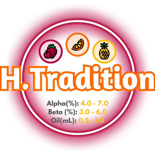 A graph showing the brewing values of EU Hallertau Tradition hops pellets, ringed in hot pink. H. Tradition outlined in orange in the centre,  on a white background.