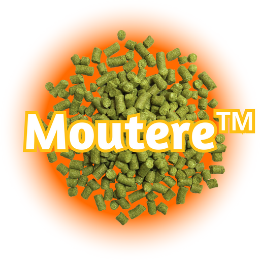 A close-up of NZ Moutere™ Hops T90 Pellets, which are green in color, with the 'Moutere' logo displayed above them against an orange background.