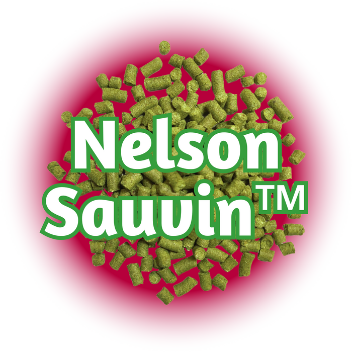 Green NZ Nelson Sauvin™ Hops T90 pellets on a pinkish, purple disc with the 'TM' name outlined in green on a white background.