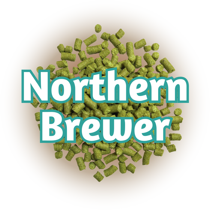 A close-up of green GR Northern Brewer hops with the text 'Northern Brewer' superimposed on top.