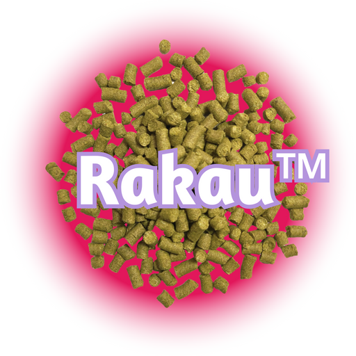 A close-up of NZ Rakau™ Hops T90 pellets, showing small green pellets with the brand name 'RAKAU' logo in the background.