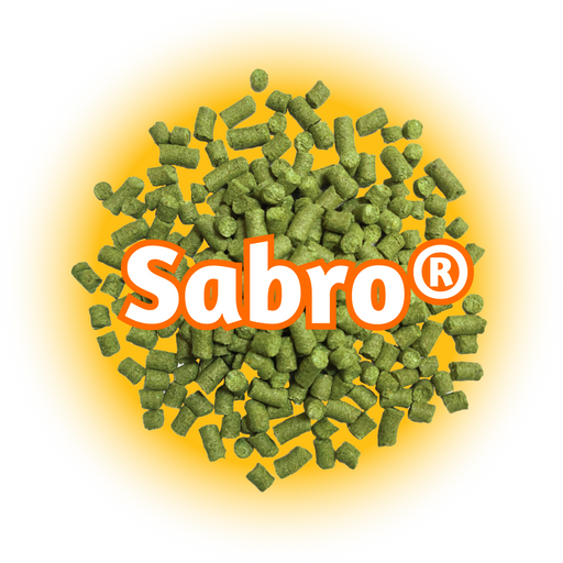 A close-up of US Sabro® Hops T90  pellets, which are green in colour and display the brand logo 'Sabro®' prominently.
