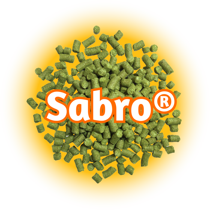 A close-up of US Sabro® Hops T90  pellets, which are green in colour and display the brand logo 'Sabro®' prominently.