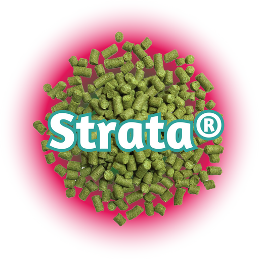 An image of green US Strata® Hops pellets on a bed of hot pink, with outlined green registered name of 'Strata' in the centre on a white background.