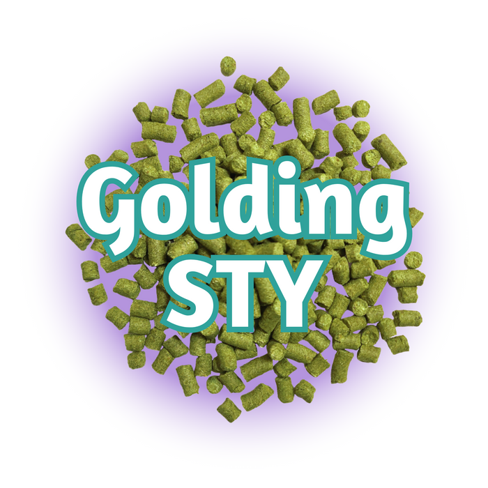 A pile of green EU Styrian Golding Hops T90 pellets with the text 'Golding STY' overlayed on top against a purple background.