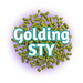 A pile of green EU Styrian Golding Hops T90 pellets with the text 'Golding STY' overlayed on top against a purple background.