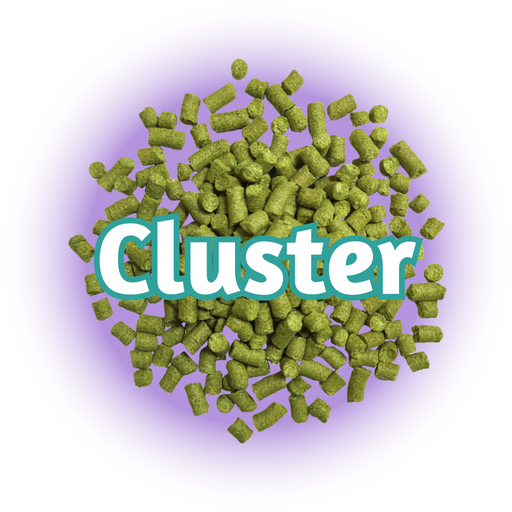 A close-up of US Cluster hops T90 Pellets, which are green in colour and arranged in a cluster-like shape, with the word 'CLUSTER' displayed in the background.