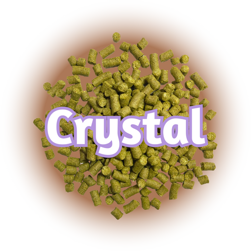 A close-up of US Crystal hops T90 Pellets with the word 'CRYSTAL' superimposed on top in bold purple letters.
