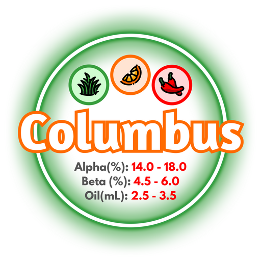 A graphic showing the brewing values of US CTZ Columbus hops, ringed in green on a white background.