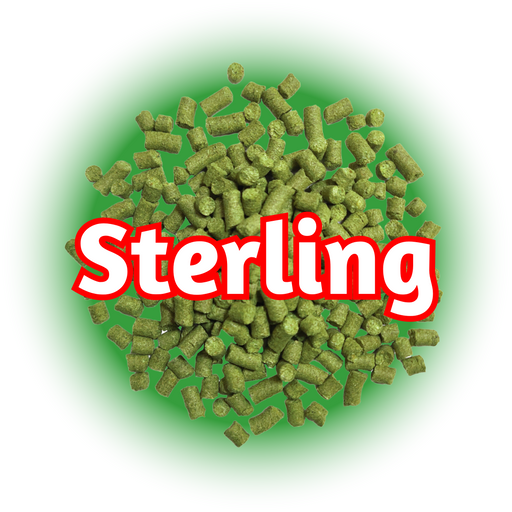 A close-up of green coloured US Sterling Hops T90 pellets with the word 'Sterling' in the foreground.