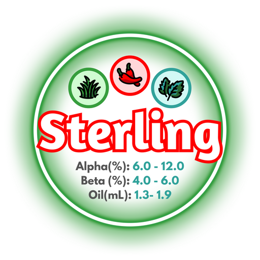 A graphic showing the brewing values of US Sterling Hops circled in green on a white background.