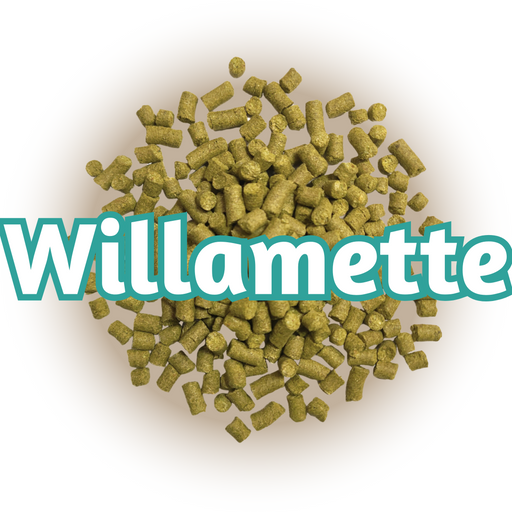 A close-up of US Willamette Hops Pellets, which are small, greenish-yellow pellets.