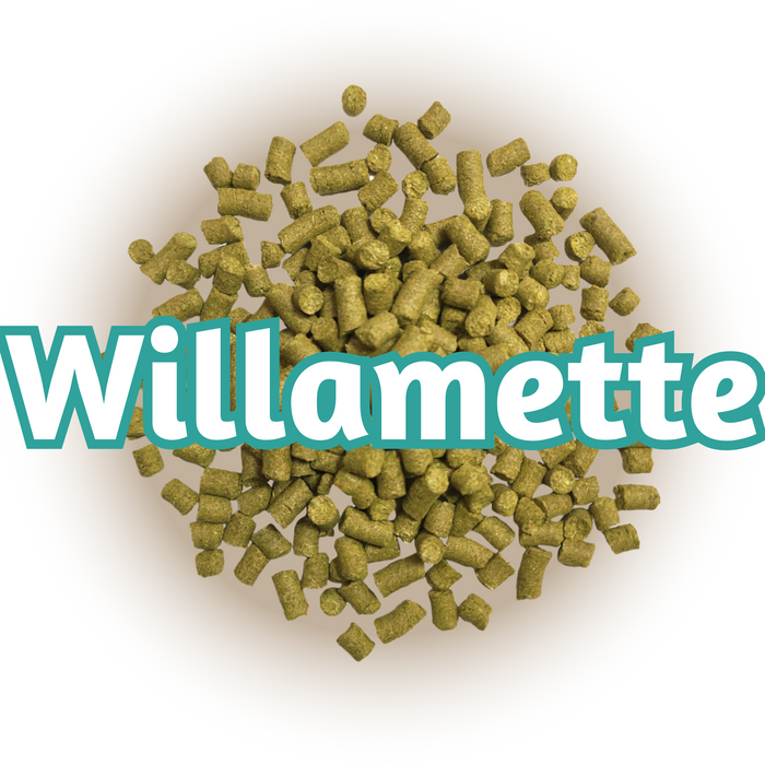 A close-up of US Willamette Hops Pellets, which are small, greenish-yellow pellets.