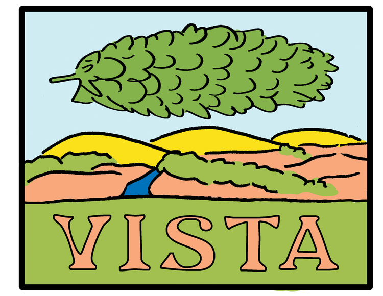 Logo with green tree, rolling hills, and 'VISTA' text on a colourful background